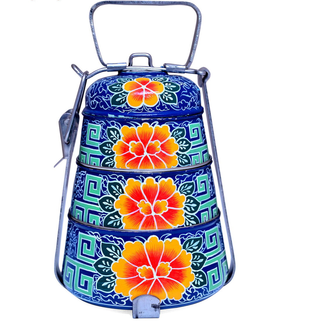 Hand-Painted 3-Tier Stainless Steel Lunch Box –  blue Floral Design Eco-Friendly & Artistic Food Carrier